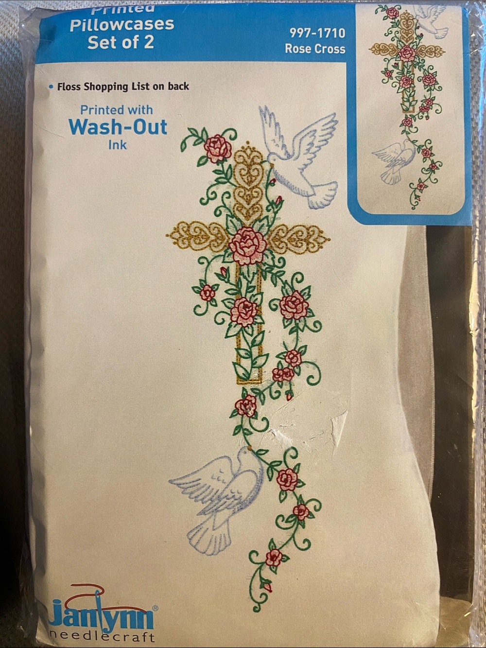 Janlynn Rose Cross Embroidery Pillowcases Set of 2 (+ the thread)